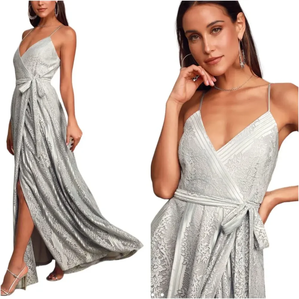 Lulu’s NWT Lovely in Lace Dusty Blue Lace Sleeveless Wrap Maxi Dress Size M - Picture 2 of 11